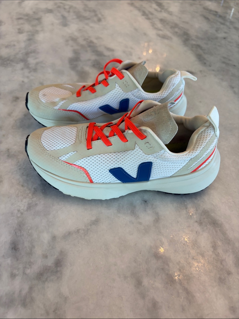 Veja Canary Kids White and Beige Sneakers with Orange Laces and Blue Logo